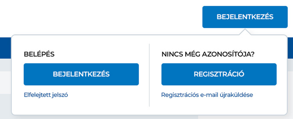 Bejelentkezés és regisztrációs menü asztali nézetben